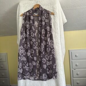 WinterSilks Open Front Sleeveless Sheer Purple  Floral Cardigan‎ Lagenlook Silk
